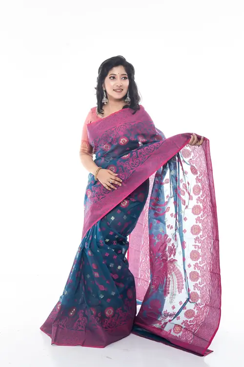 Deep Teal Blue Half Silk Saree with Magenta Floral Accents