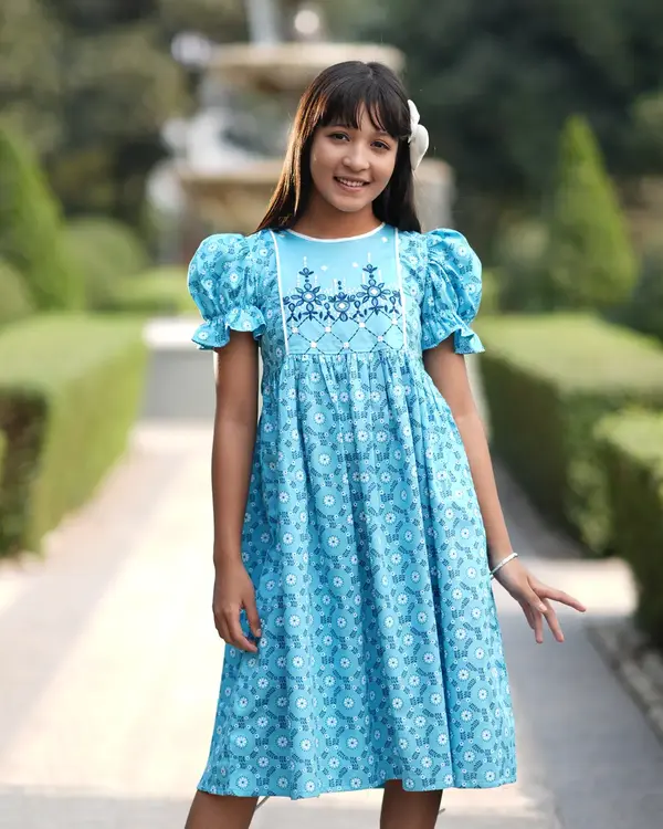 Kids' Sky Blue Floral Print Festive Frock with Puff Sleeves - EEW-FC–2002A