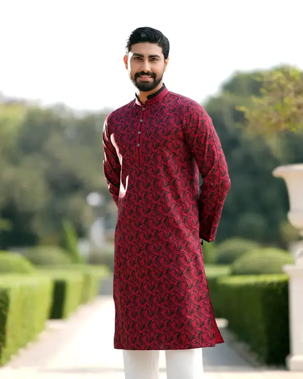 Dark Red Floral Cotton Panjabi for Men –  EEW-FC–2001B