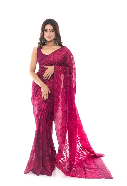 Elegant Maroon Half Silk Saree with Intricate Floral Pattern