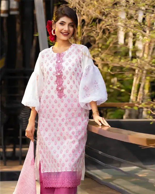 White Pink Jacquard 3-Piece Suit with Printed Dupatta & Lace Work