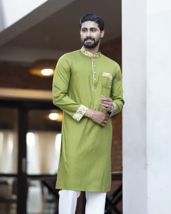 Men's Deep Olive Green Panjabi with Contrast Printed Accents EEW-FC- 2005