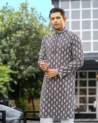 Charcoal Grey Embroidered and Printed Panjabi for Men