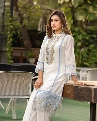 White Popcorn Stripe Silk 3-Piece Salwar Kameez with Sequins, Karchupi & Embroidered Lace Dupatta
