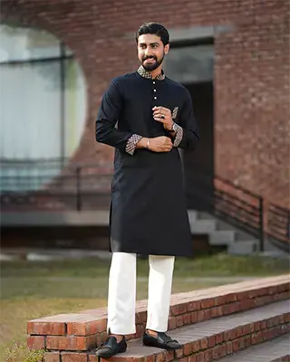 Men's Black Jacquard Panjabi with Premium Gold Embroidery - EEW-FC- 2004B