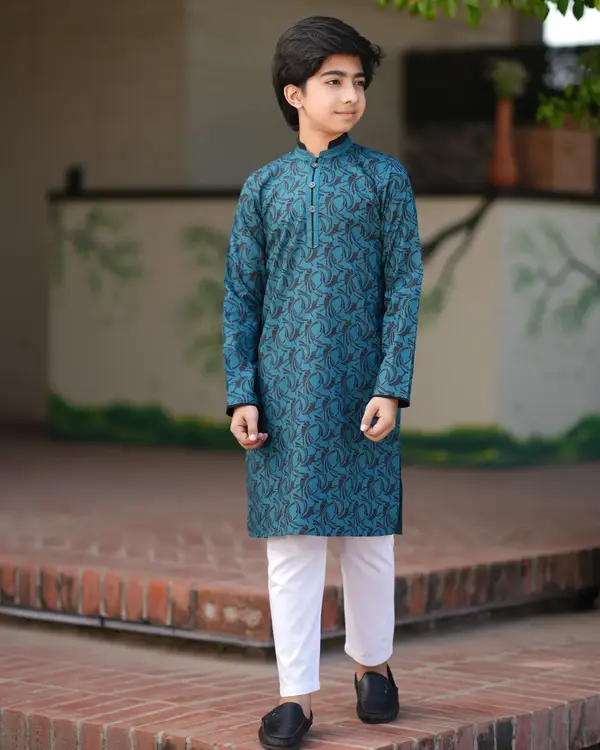Teal Radiance Boy's Printed Panjabi – EEW-FC–2001A