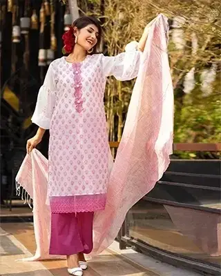White Pink Jacquard 3-Piece Suit with Printed Dupatta & Lace Work