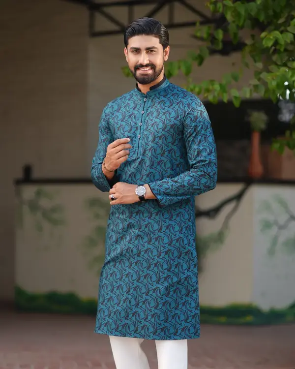 "Teal Radiance" Men's Printed Panjabi – EEW-FC–2001A