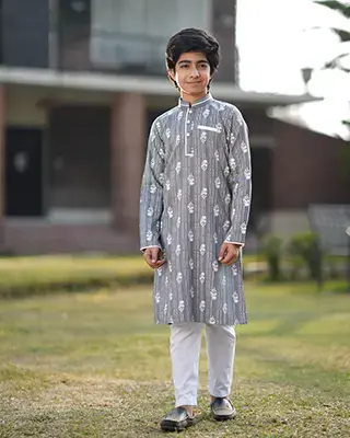 Baby Boy's Charcoal Grey Stripe & Floral Printed Panjabi- EEW-FC-2003A
