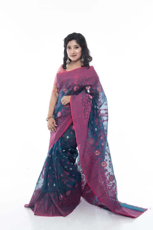 Deep Teal Blue Half Silk Saree with Magenta Floral Accents