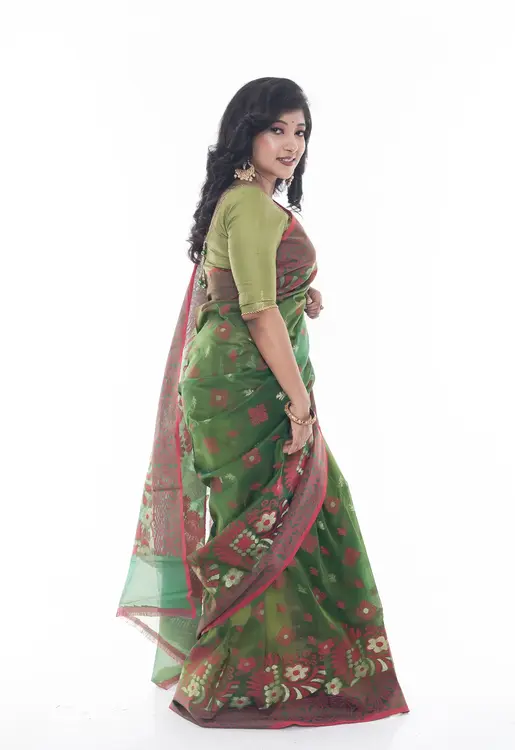 Elegant Cactus Green Half Silk Saree with Rich Floral Embroidery