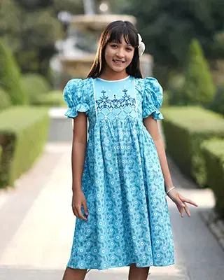 Kids' Sky Blue Floral Print Festive Frock with Puff Sleeves - EEW-FC–2002A