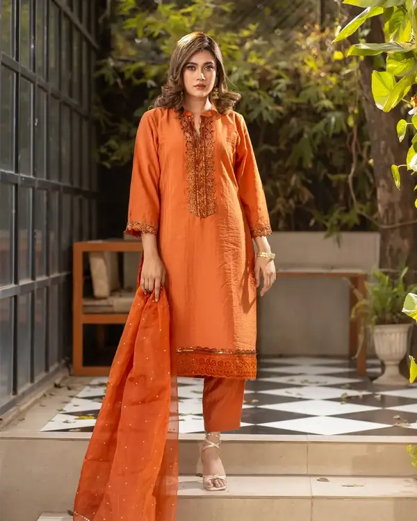 Flickere Outfit Alizeh Light Orange Silk 3 Piece Salwar Kameez Set with Sequins & Karchupi Embroidery