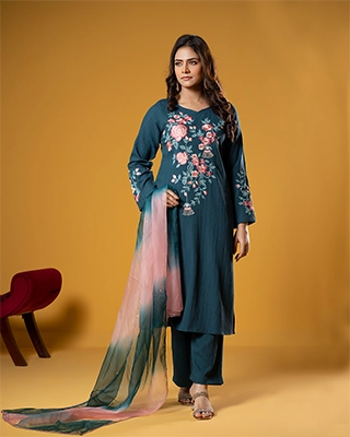 Alizeh Teal Green Floral Embroidered Popcorn 3 Piece Suit with Ombre Dupatta