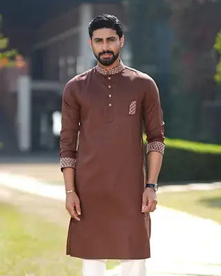 Men's Coffee Brown Embroidered Panjabi with Textured Jacquard Finish- EEW-FC- 2004A