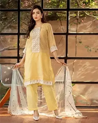 Flickere Outfit Alizeh Yellow Jamdani Print 3 Piece Salwar Kameez with Sequins & Karchupi Embroidery