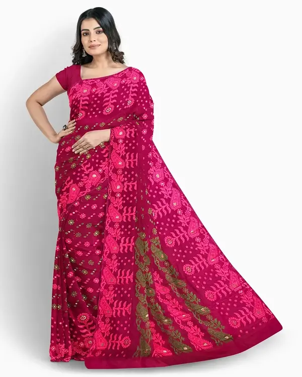Rangrekha Ruby – Handloom Magenta Printed Half Silk Saree