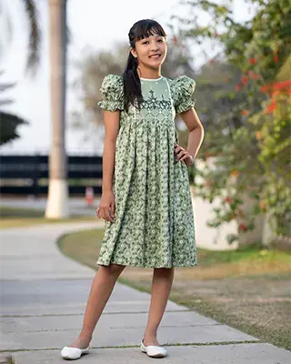 Kids' Sage Green Cotton Festive Girl Frock with Floral Print - EEW-FC–2002B