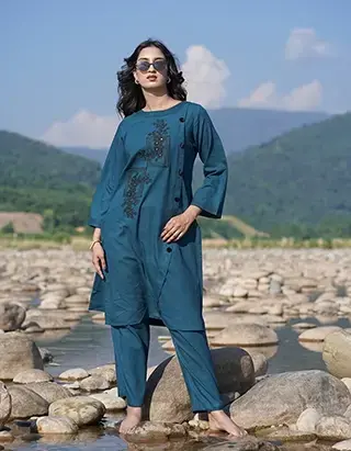 Embroidered Cotton Light Denim Co-ords Set (LES-1914B)
