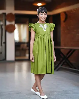 Girls' Deep Olive Green Frock with Floral Embroidery & Ruffle Sleeves - EEW-FC- 2005