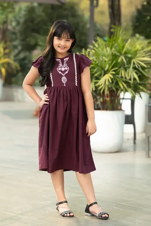 Elegant Maroon Girls' Embroidered Frock – Festive & Stylish