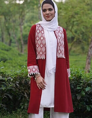 Dark Red Embroidered Pom-Pom Long Shrug(LES-1923)