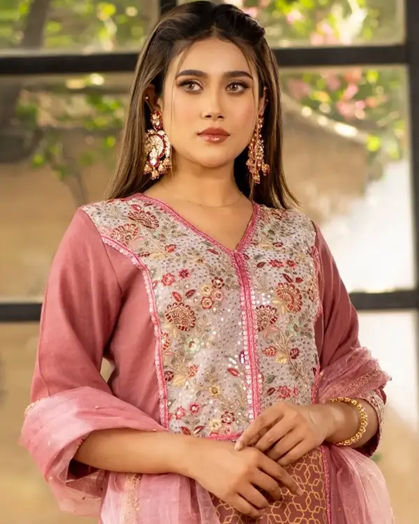 Pink Maroon Silk Embroidered 3-Piece Suit with Sequins & Net Dupatta
