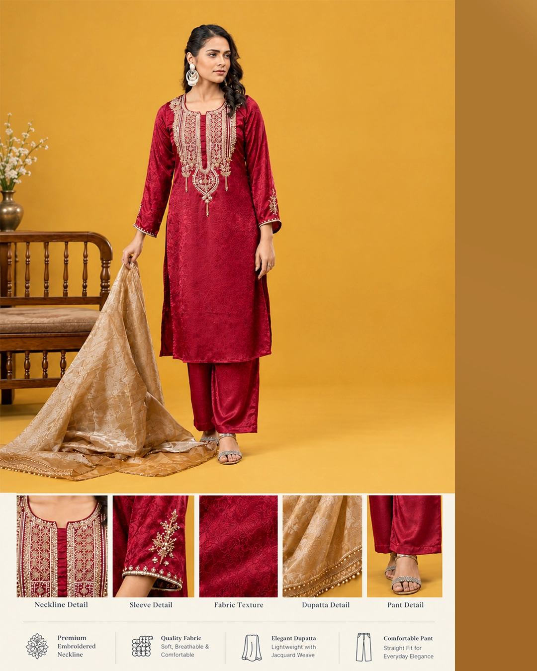Anayat Deep Maroon Embroidered Arabian Three Piece Set