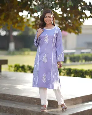 Girls' Lavender Blue Kurti with Floral Embroidery and Stripe Detail - EEW-FC-2003B