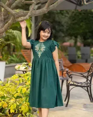 Elegant Rich Forest Green Girls' Embroidered Frock – Festive & Stylish