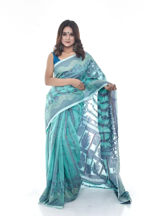 Graceful Aqua Blue Half Silk Saree with Navy Blue and White Accents