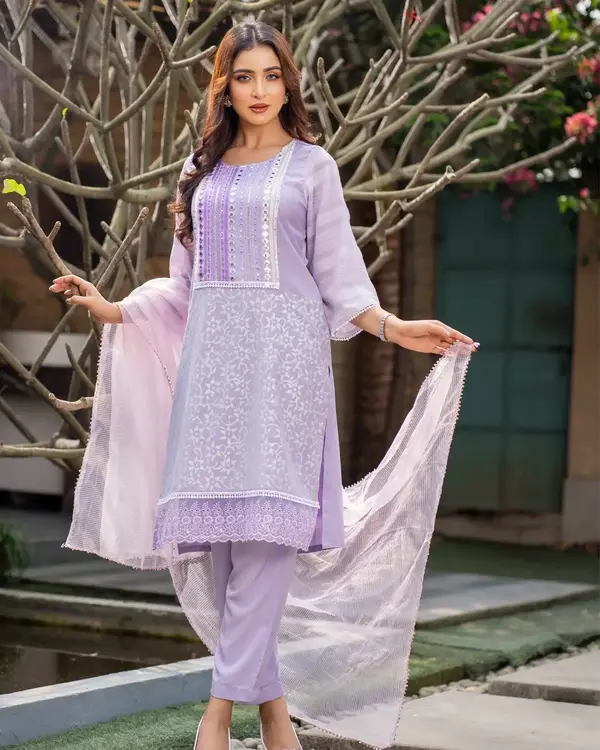 Lavender Platinum Silk Ladies 3 Piece Salwar Kameez Set | Sequins Embroidery Kamiz, Stylish Pant & Cota Dupatta – Flickere Outfit